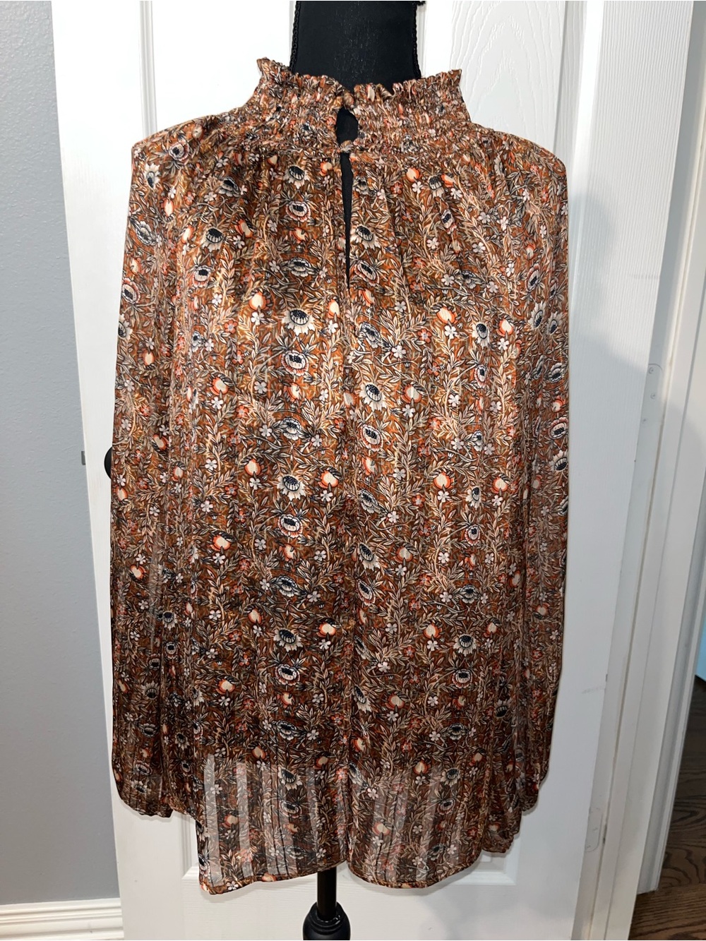 Ces Femme Brown Sheer Floral Smocked Neck Blouse